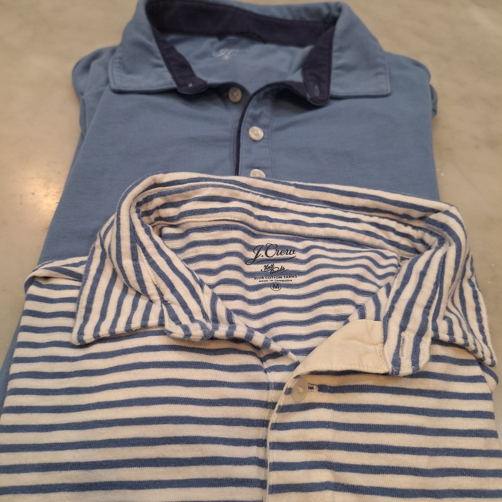J.Crew 2 Qty Polo Shirts Mens M Blue Striped Slub Cotton Performance Pima Bundle